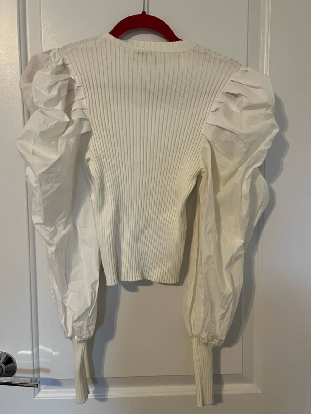 Zara Cream Ribbed Puff-Sleeve Knit Top - Picture 4 of 4
